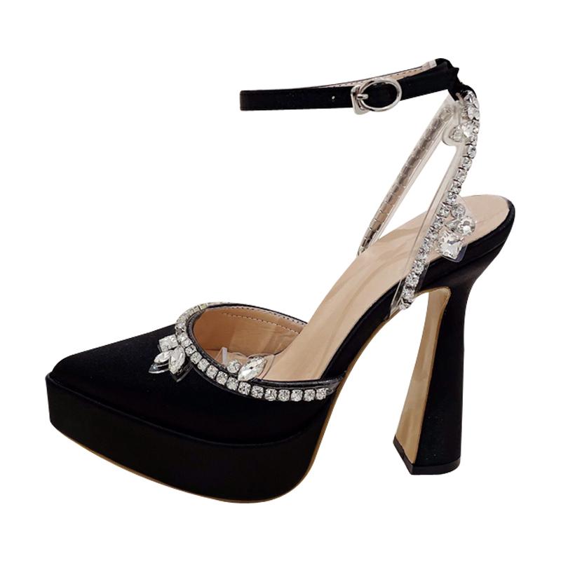 Модные сандалии на платформе женские стразы цепочка острый носок пряжка на щиколотке высокий каблук ночной клуб подиум вечеринка женские туфли