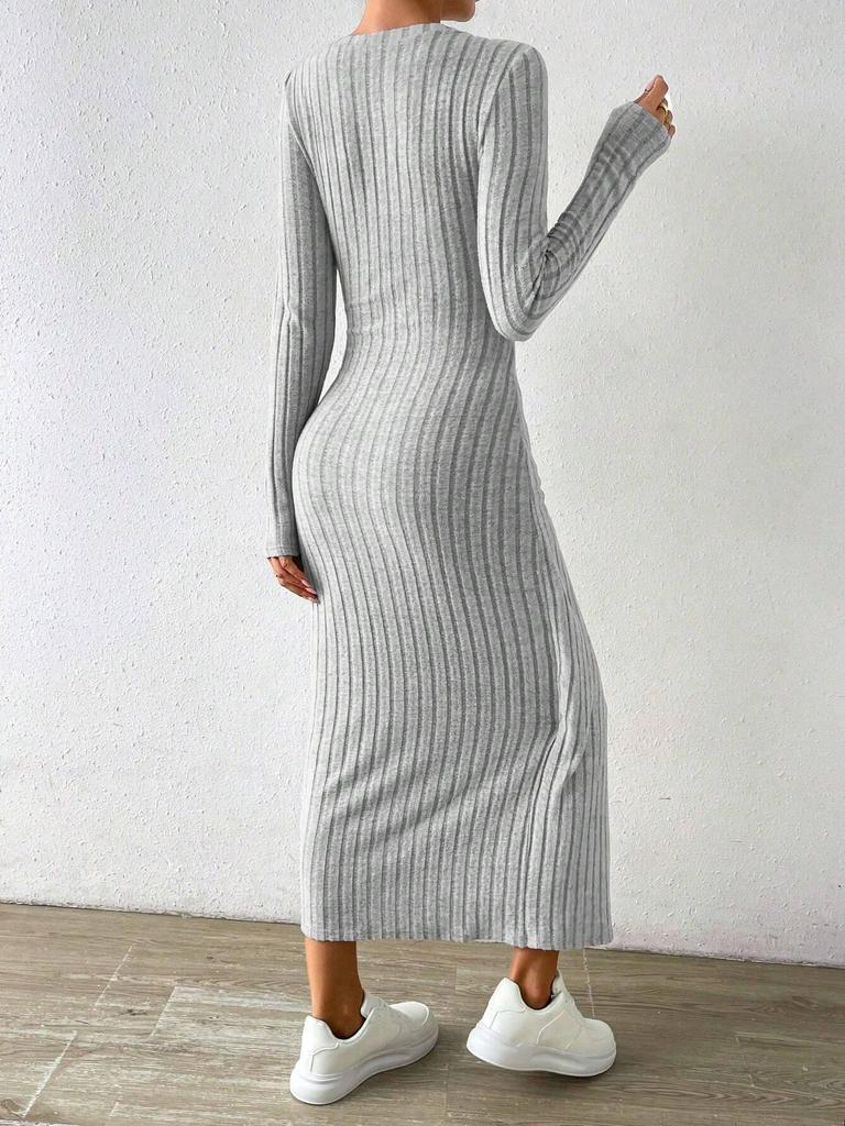 2024 Autumn/Winter Gray Knitted Irregular Long Dress for Women - European & American Fashion