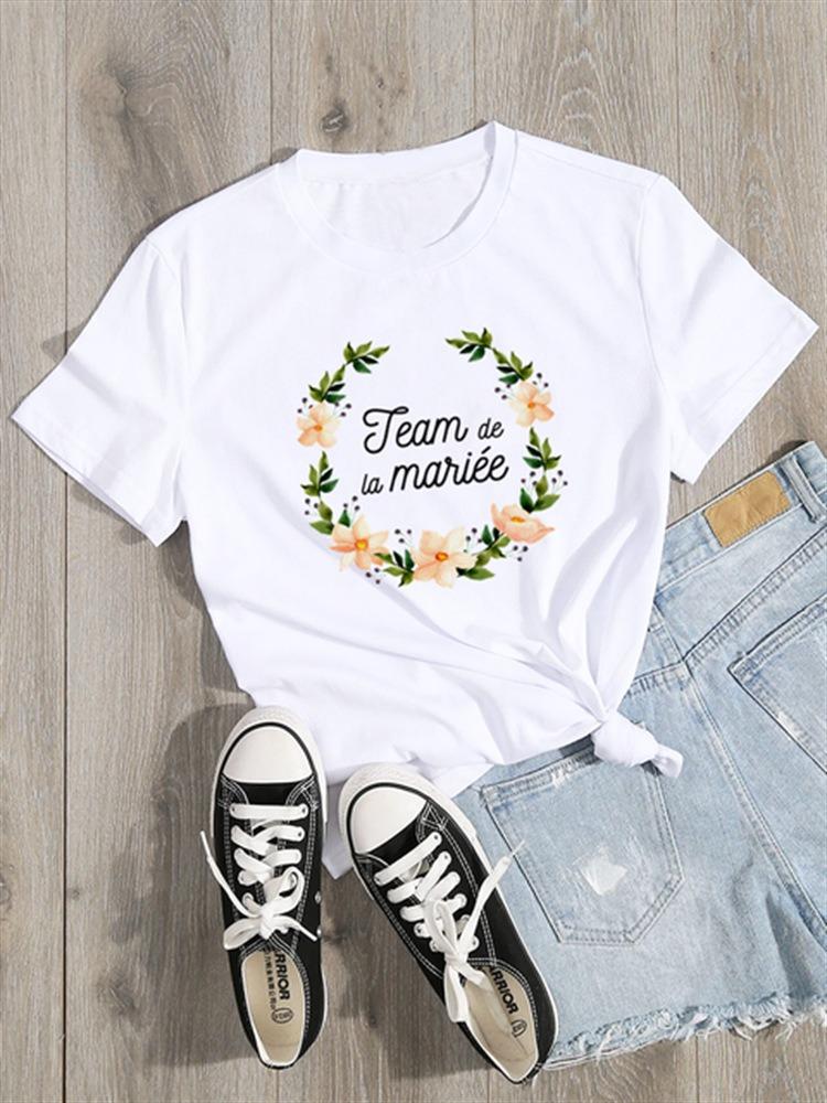 Floral Wreath French Bridal Team Womens TShirt Future Marie Printed Short Sleeve Casual Top Bachelorette Party Gift