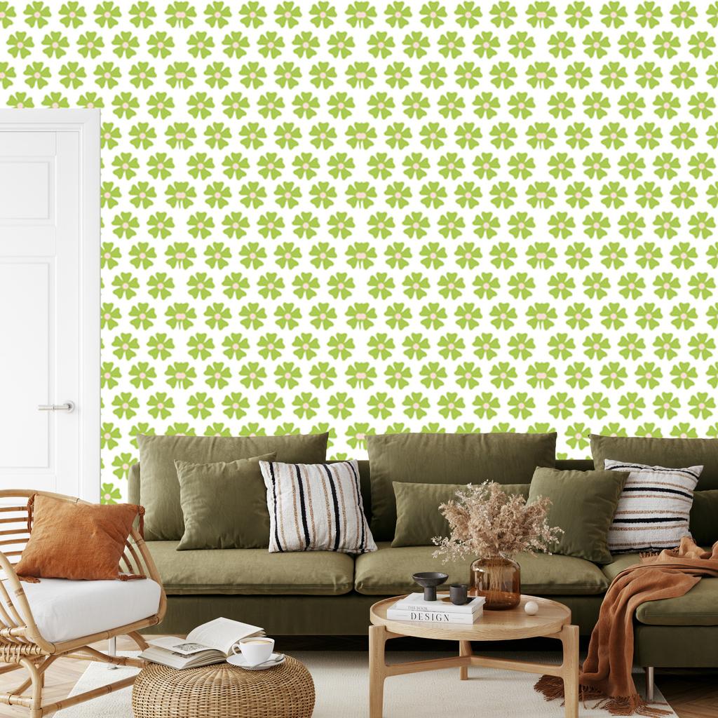 Lime, white and beige flowers wallpaper for living room and bedroom 50x1000