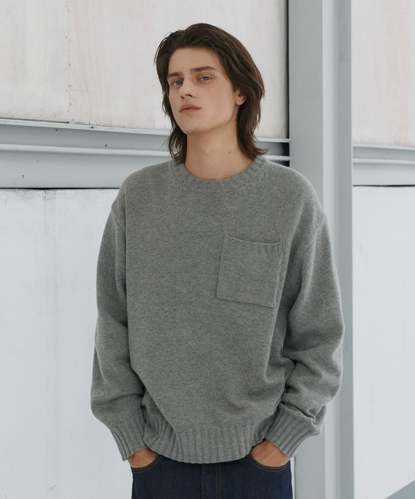KNITTED Cashmere Wool Pocket Round Knit Grey