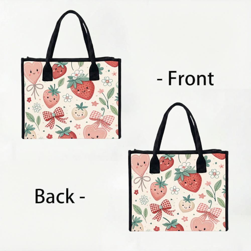 Cute Strawberry Printed Tote Bag Portable Daily Use Fashion Handbag for Women Casual Shopping Carry Bag