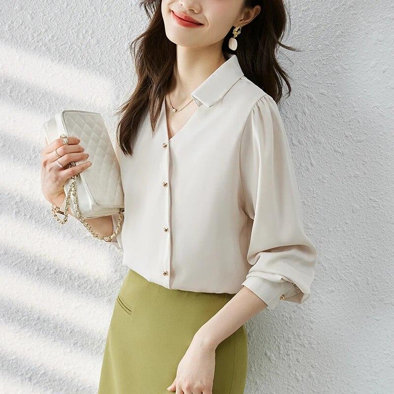 Модная шифоновая блузка с отложным воротником, женские офисные рубашки на пуговицах, женские топы с длинными рукавами, элегантная одежда 29978