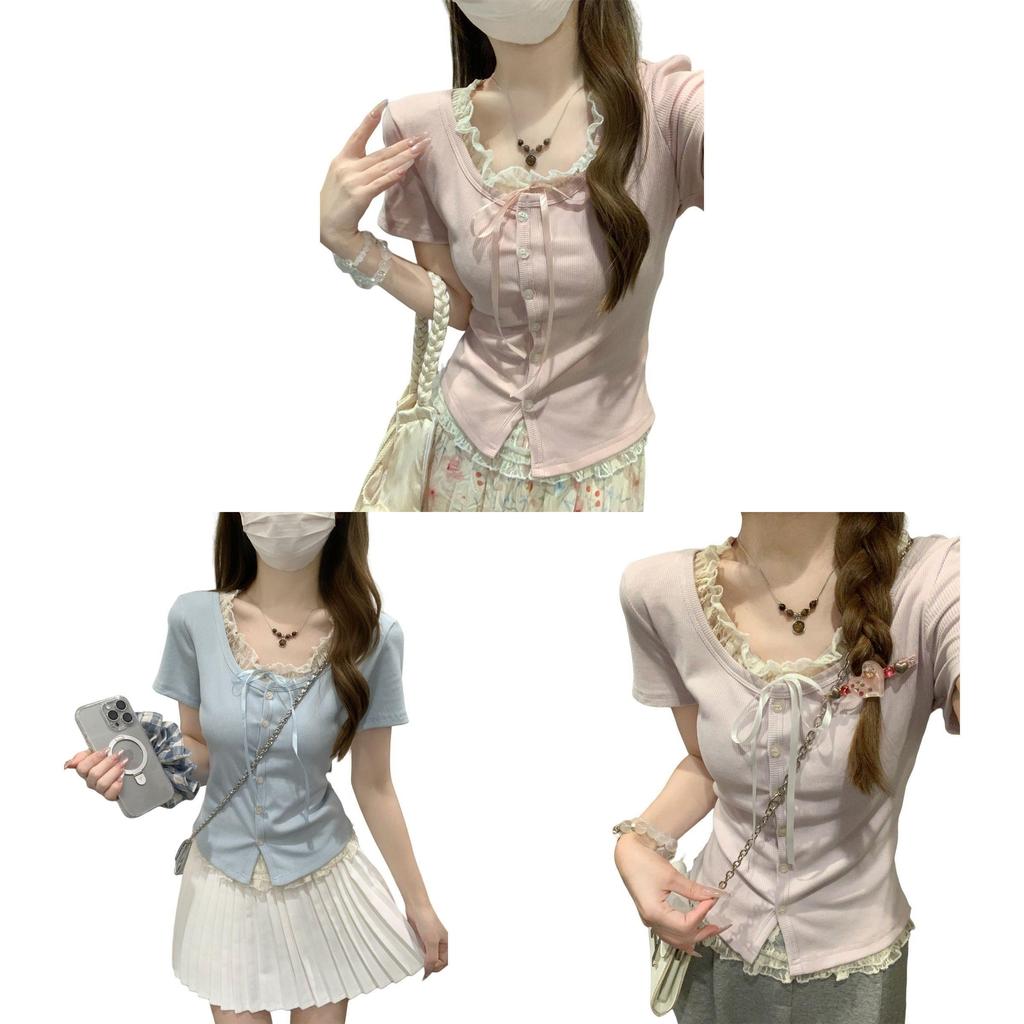 Plain Weave T Shirt With Lace Embroidery For Summer Casuals