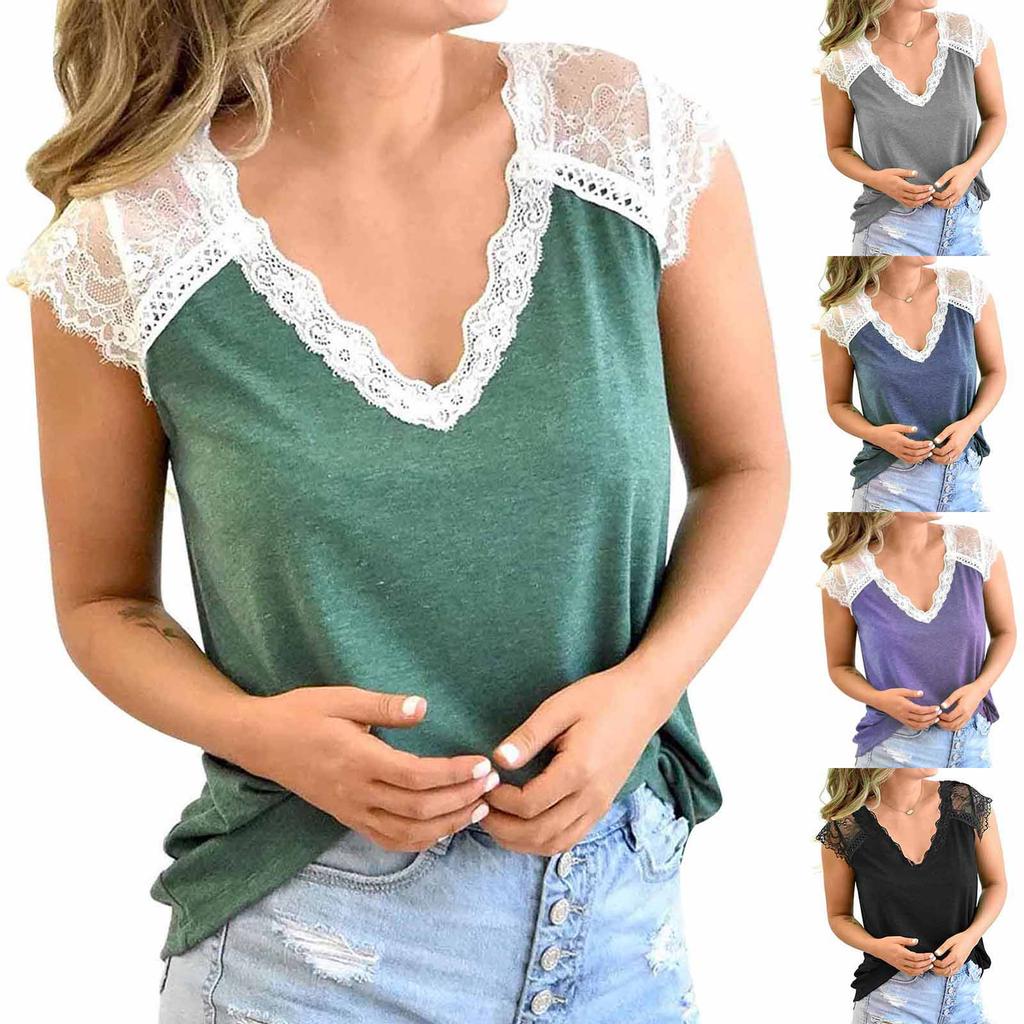 Women's Fashion Elegant V-neck Lace Printed Short Sleeve Casual Loose Cool Top