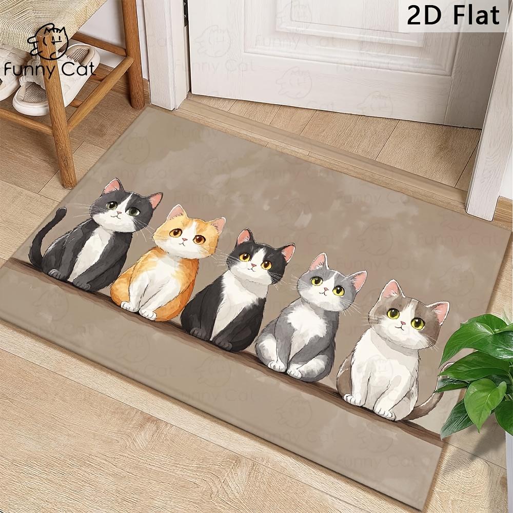 1pc, a Delightful Doormat Featuring Five Colorful Cartoon Cats with Expressive Eyes Set Against a Soft Beige Backdrop. These Non-Slip, Machine-Washabl