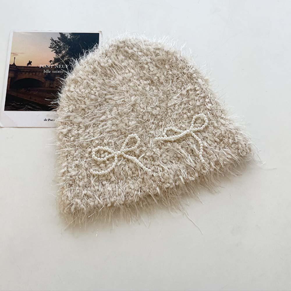 Korean Style Pearls Bow Woolen Hat Colorful Brimless Beanie Cap Knitted Pullover Hat  Women