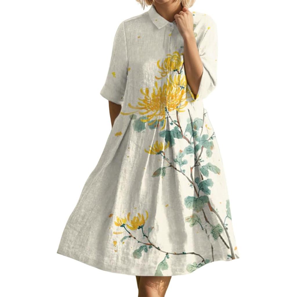 Dress For Women Elegant Casual Smocked Button Lapel Short Sleeve Knee Length Dress