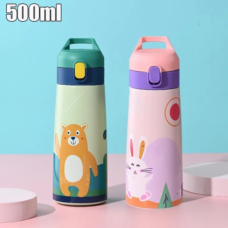 500ml Kids Stainless Steel Straw Thermos Mug Cute Cartoon Children Thermal Water Bottle Portable School Cup Drinking Kettle