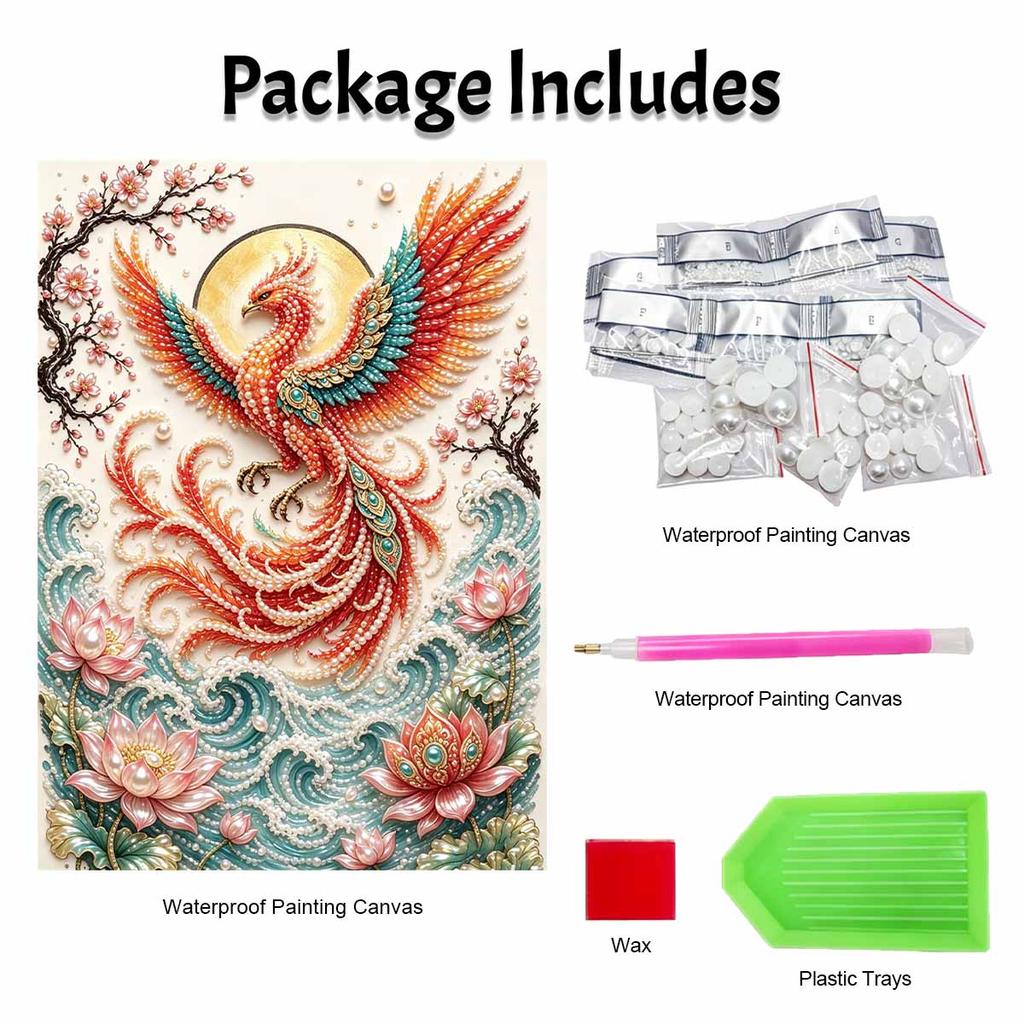 This phoenix lotus pearl painting kit features 5D pearl mosaic art style. designed for home wall decoration.