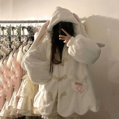 Белая плюшевая толстовка Kawaii, куртка, повседневная, теплая, с капюшоном, с кроличьими ушками, женская, осень-зима, с милым бантом, толстовка, пальто