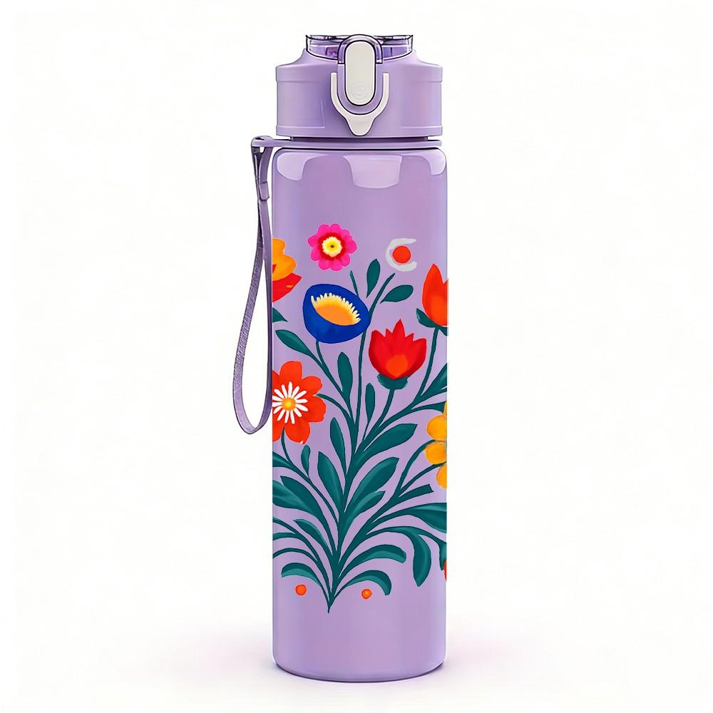 1PC Bright Folk Floral Bouquet Print 750ml Color Plastic Sports Water Bottle Leakproof Flip Straw Lid Suitable for Sports Office Home Use