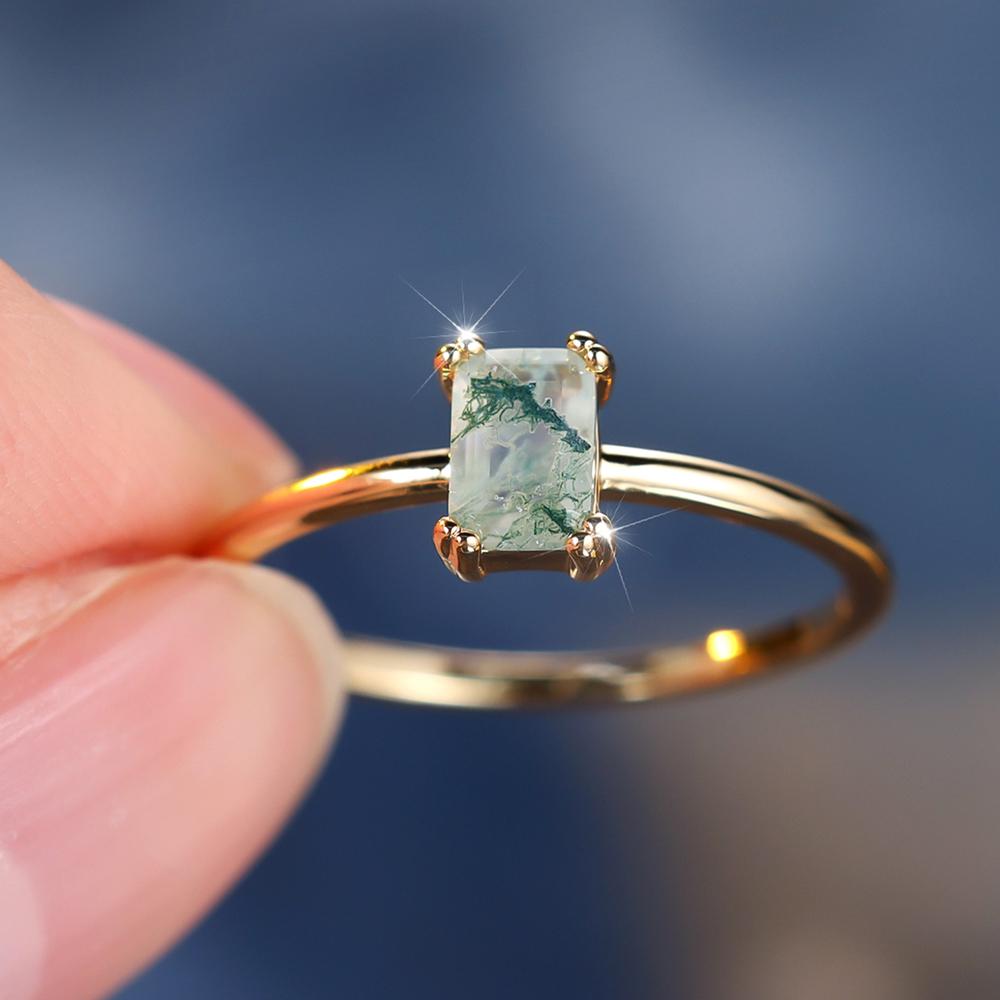 Vintage Square Synthetic Green Moss Agate Rings for Women Girls Light Luxury Gold Color Engagement Ring Wedding Jewelry Gifts
