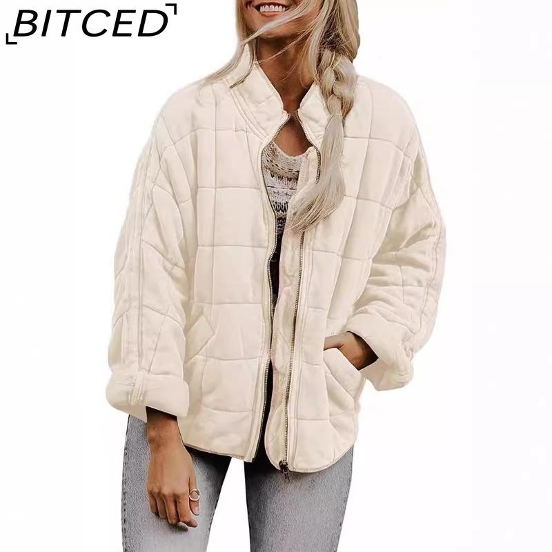 BITCED Solid Colour Stand Collar Cotton Coat - Women's Loose Fit Long Sleeve Pocket Jacket