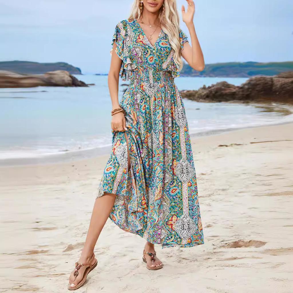 2025 V-образный вырез спинки вискозный набивной оборки короткие рукава разрез платье для женщин