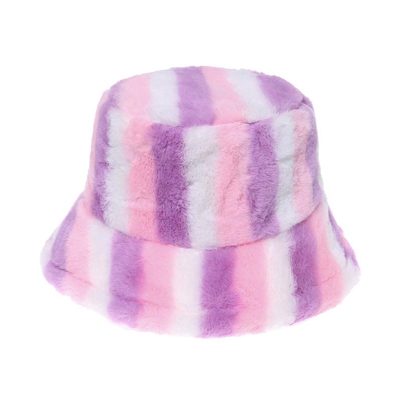 New Thermal Basin Hat Imitation Rabbit Hair Female Internet Celebrity Trend Female Colorful Rainbow Striped Bucket Hat Winter 2025