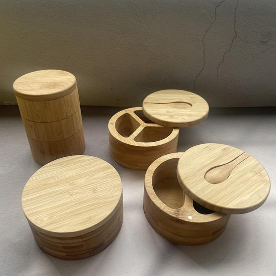 Бамбуковый ящик для хранения приправ с магнитной поворотной крышкой, деревянная солонка, держатель для перца, сахара, специй, круглая чаша-контейнер, кухонные гаджеты
