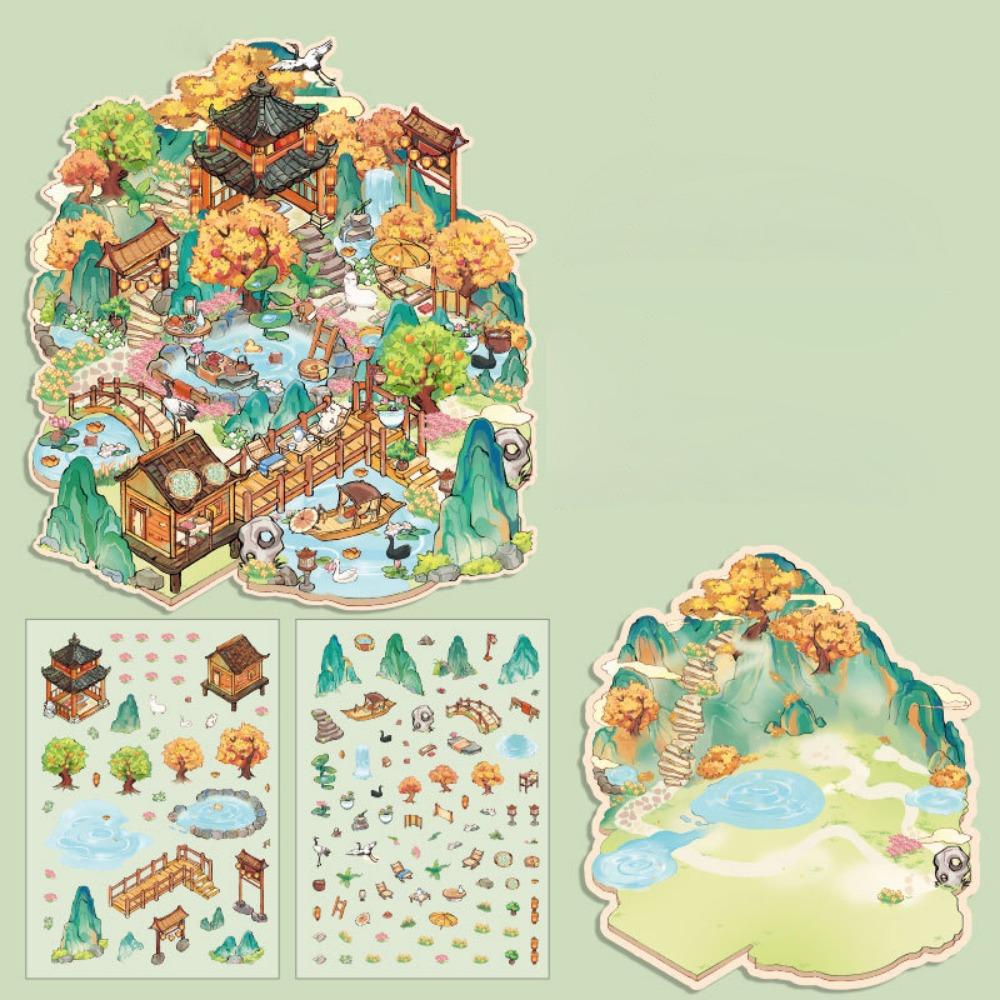 Китайские ретро 3D наклейки с многослойным пейзажем, мультяшные наклейки для ландшафтного дизайна, родитель-ребенок