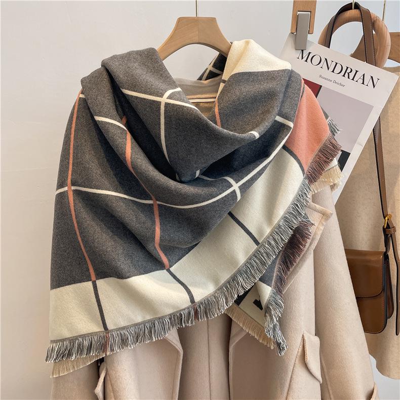 Warm Plaid Cashmere-Feel Tassel Shawl: Versatile, Cold-Proof Scarf & Blanket
