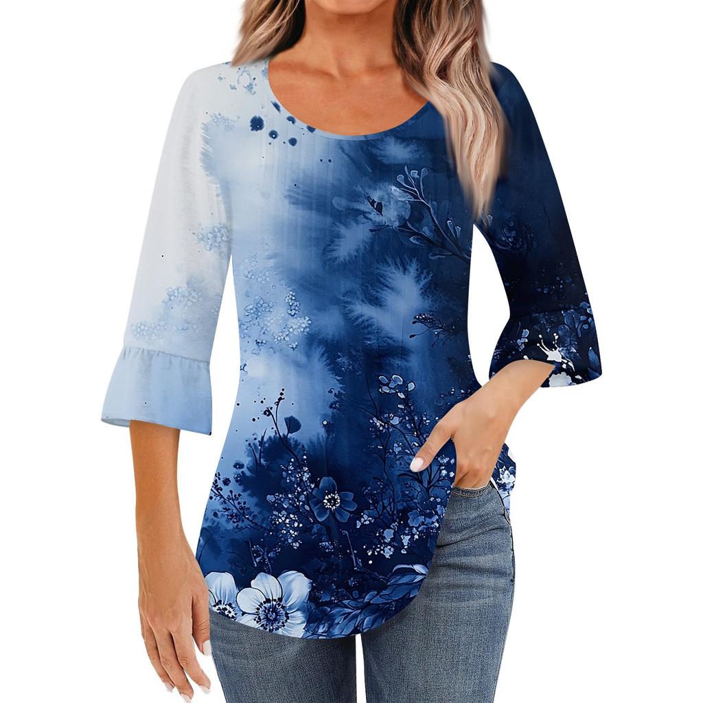 Женская модная повседневная плиссированная футболка с круглым вырезом и цветочным принтом, рукав три четверти