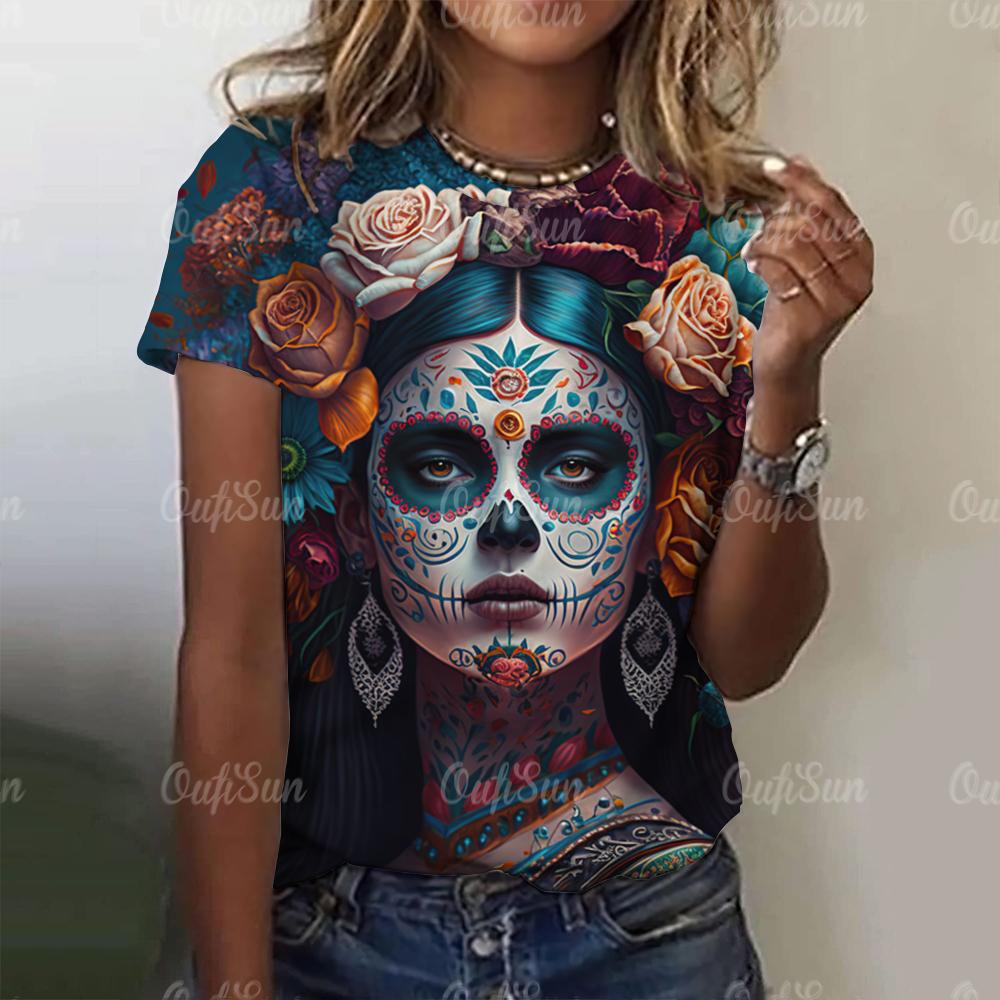 Женская футболка с принтом черепа для печати Харадзюку Топы с коротким рукавом Осень Круглый вырез Свободный свитер Женская повседневная одежда