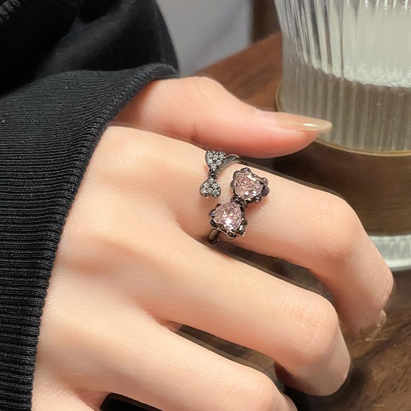 Sweet And Cool Temperament Bow, Pink Diamond Zir*****Pen Ring, Women'S Cold Wind Niche Design High-End Ring