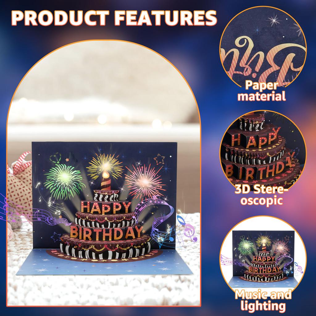 3D Light Music Birthday Card Pop Up Cake Creative Greeting Card Happy Birthday Party Gift Message Cards with Envelope for Kids