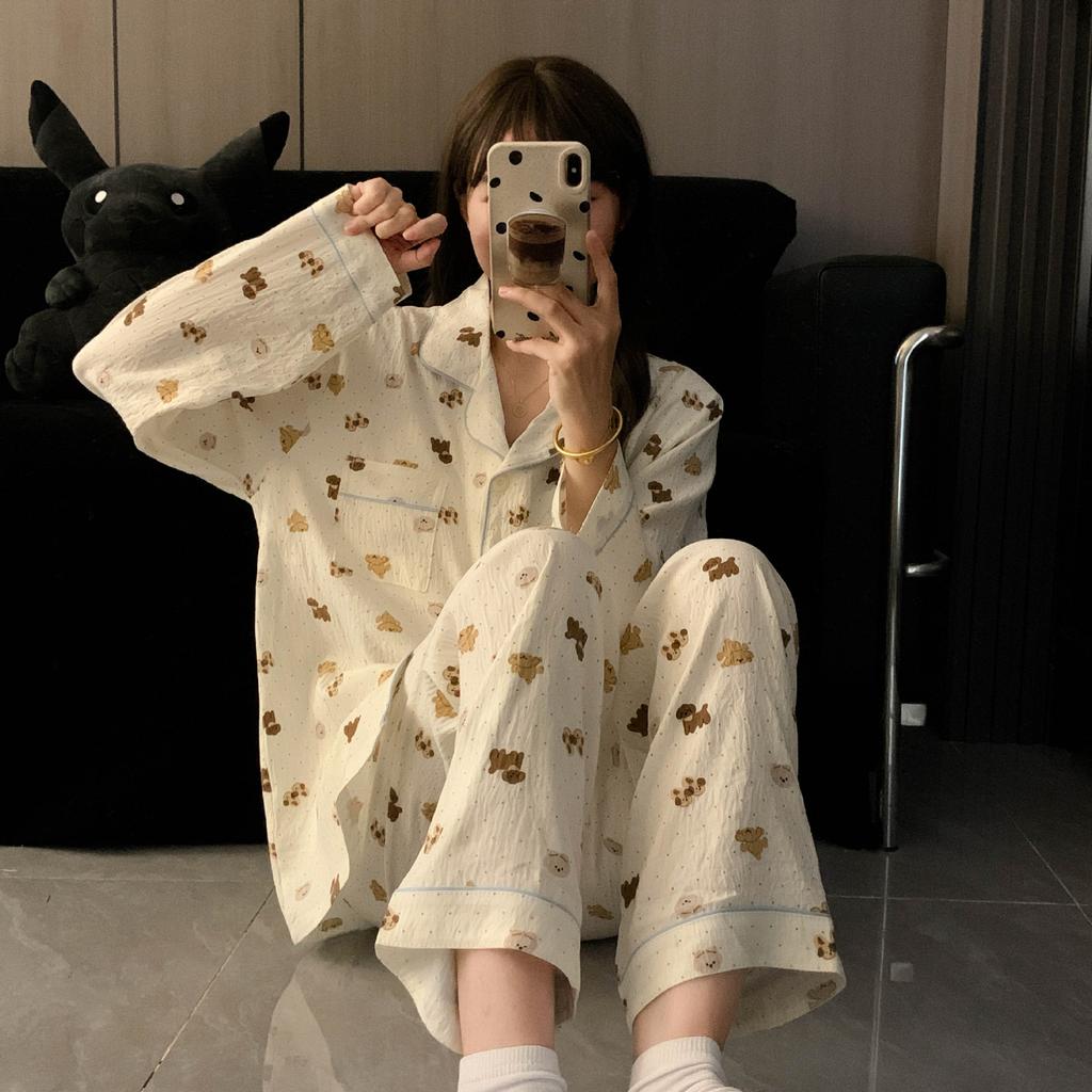 Весенне-осенний женский пижамный комплект домашней одежды с длинными рукавами для девочек-студенток, милый принтованный милый комплект домашней одежды