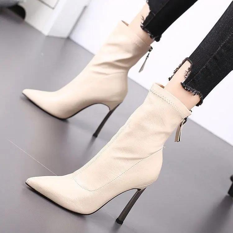 Leather White Pointed Toe Half High Boots for Women Very Heel Mid Calf Shoes Woman New Rock Gothic Sale Large Size Warm Y2k In