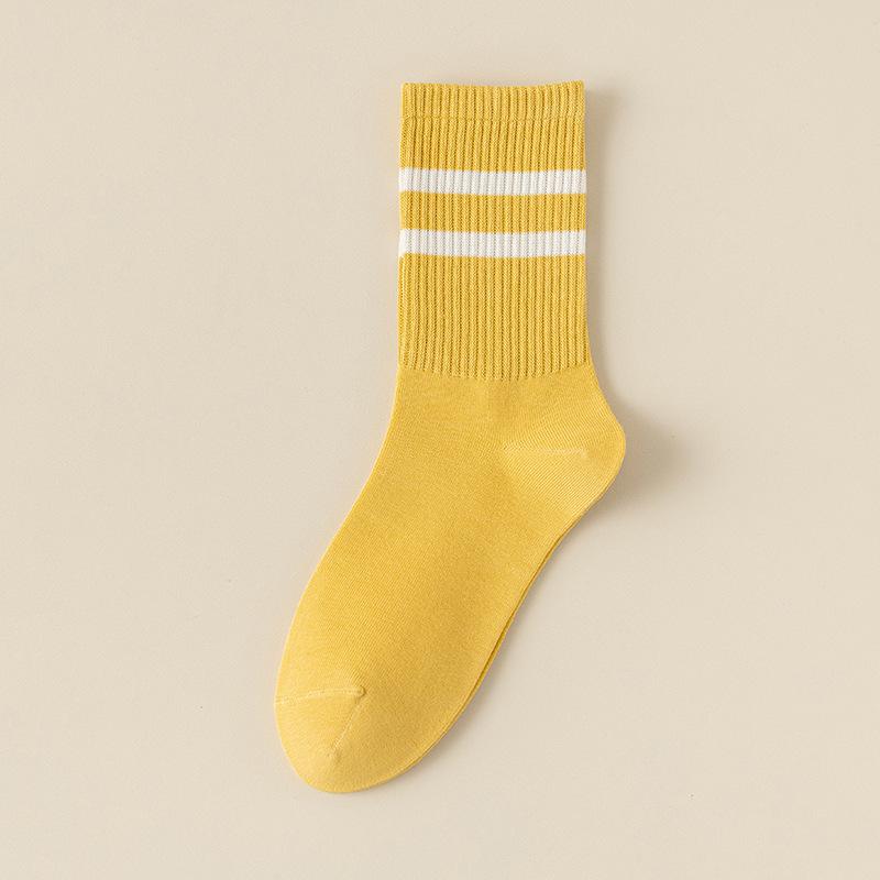 Pure Cotton Socks for Women In Autumn and Winter, Mid-calf Sweat-absorbing and Odor-proof Double-bar Striped Sports Long Calf Cotton Socks