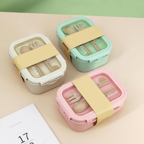 850ML Lunch Box Large Capacity Portable Two Compartments Bento Container with Tableware Office Supply