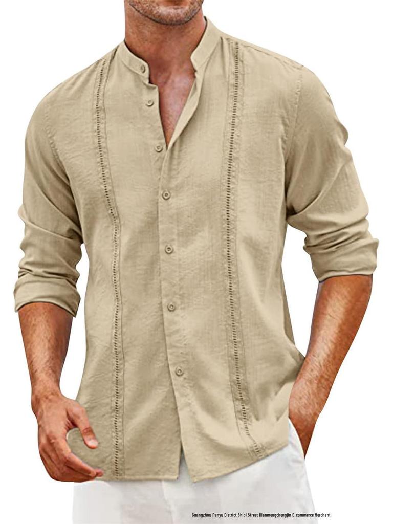Men's Casual Cotton Linen Stand Collar Shirt - European & American Style for Summer Beach Vacation 2026