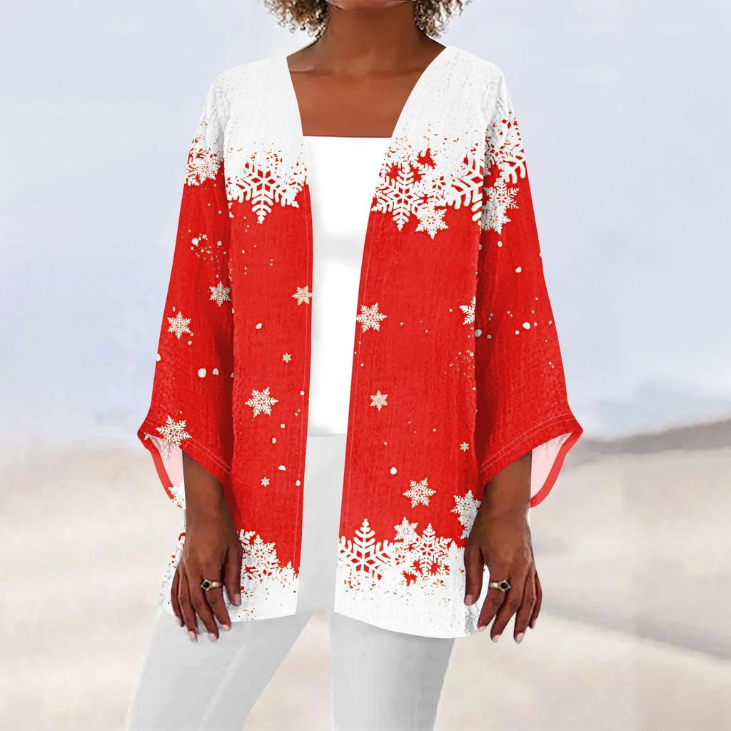Женская повседневная мода Caot с рождественским принтом Легкая куртка средней длины Кардиган