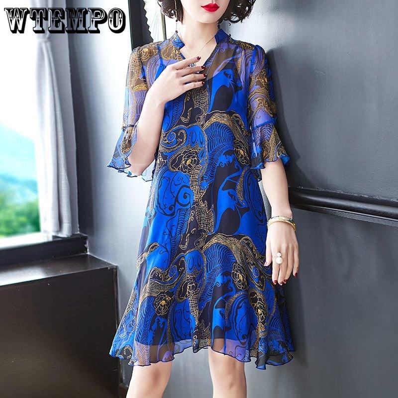 Женское летнее шифоновое платье в стиле ретро, ​​свободные шелковые платья средней длины с принтом