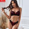 New Sexy Lace Push Up Bra and Thong Set Underwear For Women  Floral Brassiere Transparent Thong Sets