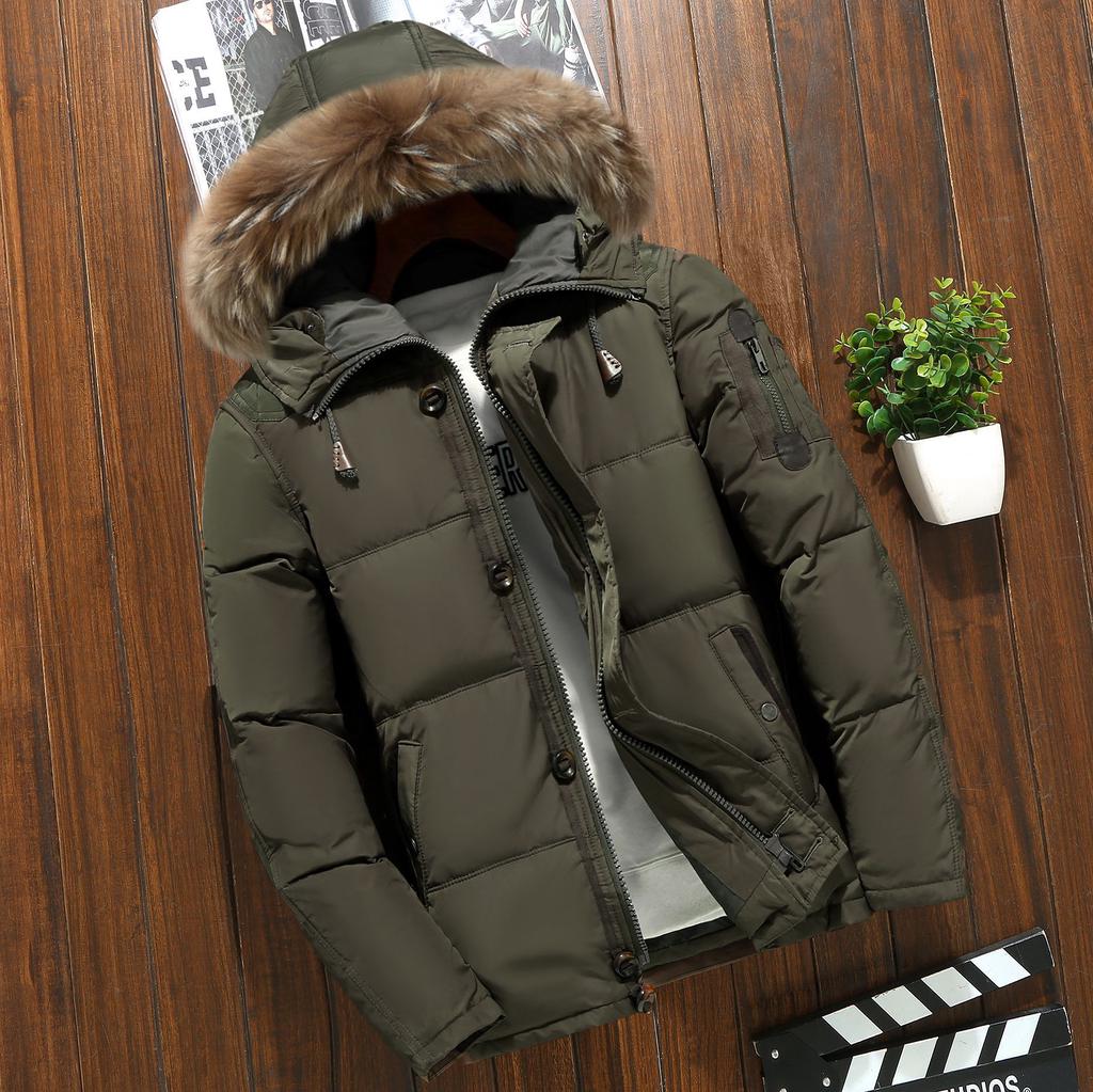 Winter Down Coat Men's Button Zipper Design Fur Collar Hooded Down Jacket Thick Warm White Duck Down Coat Parka Brand Men Clothing