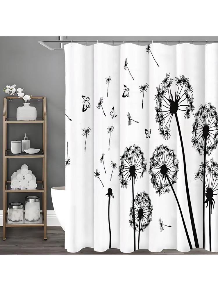 Black and White Dandelion Butterfly Shower Curtain, Bathroom Decorative Shower Curtain, Waterproof Shower Curtain with Hooks