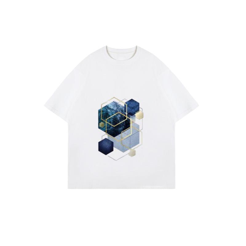 Women's Short-Sleeve T-Shirt with Blue and Gold Geometric 3D Hexagon Patchwork Art Print