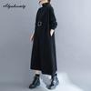 Korean Fashion Plus Size Autumn Winter Women Warm Midi Knitting Dress Turtleneck Black Brown Fleece Dress Long Sleeve Casual Loose Dress With Pockets