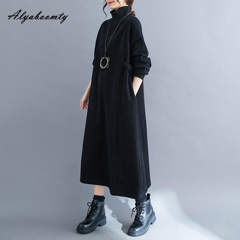 Korean Fashion Plus Size Autumn Winter Women Warm Midi Knitting Dress Turtleneck Black Brown Fleece Dress Long Sleeve Casual Loose Dress With Pockets