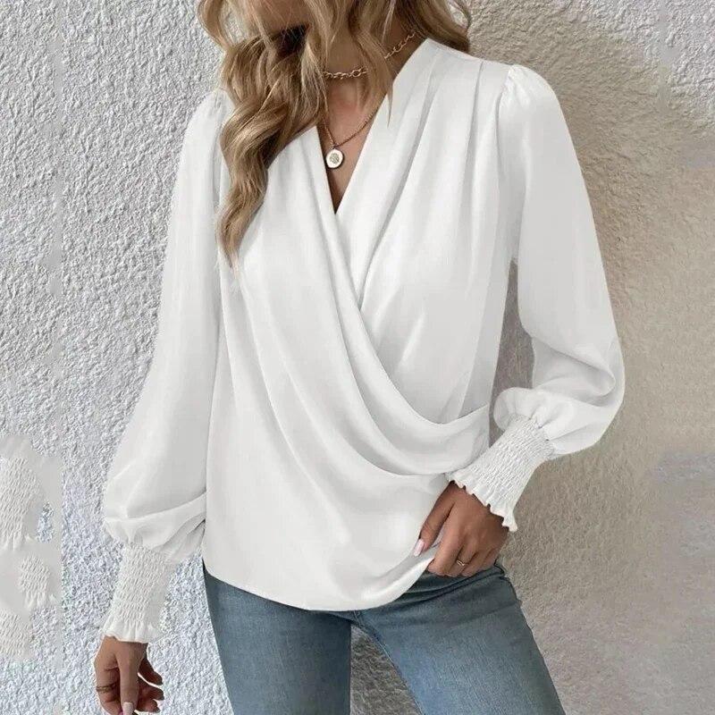 Elegant Pleated Loose Shirt Female Lantern Sleeve Women Pullover Blouse Cross V-neck Simple Solid Shirts Casual Tops Mujer 29658