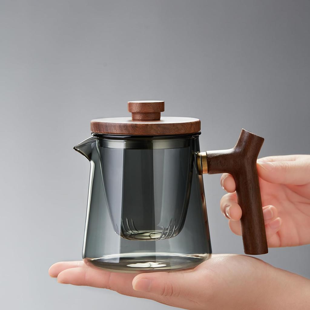 Pokaro Tea Heat-Resistant Glass Teapot, Ink Blue, 560ml Full Capacity, Glass Tea Strainer, Wooden Lid and Handle, Stylish Kyusu Kyusu, Modern Design,