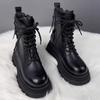 Черные мотоциклетные ботильоны на толстой подошве в стиле панк, женские весенние ботильоны на шнуровке, толстый каблук, ремень с пряжкой и карманами, дизайнерские массивные туфли