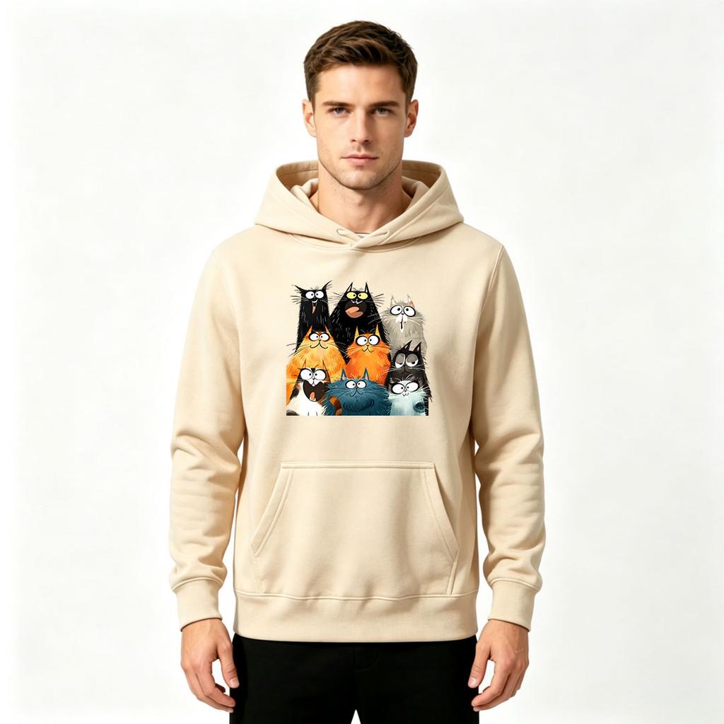 Men's Pullover Hoodie, Funny Fluffy Cats Print Casual Long Sleeve Hooded Sweatshirt for Daily Wear