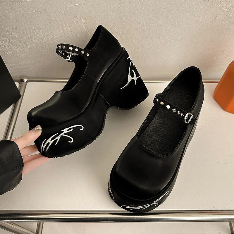 Женские туфли на платформе с высоким каблуком в стиле готической Лолиты Новые туфли Мэри Джейн Повседневные женские туфли на каблуке для вечеринок на танкетке с толстой подошвой Черные мокасины