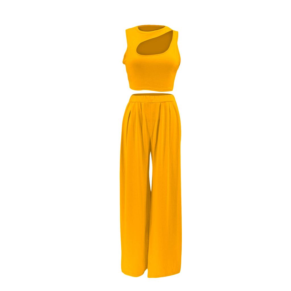 Women 2 Piece Outfits Spring Summer Tracksuits Mock Neck Sleeveless Cutout Crop Top Wide Leg Long Pants Sweatsuits