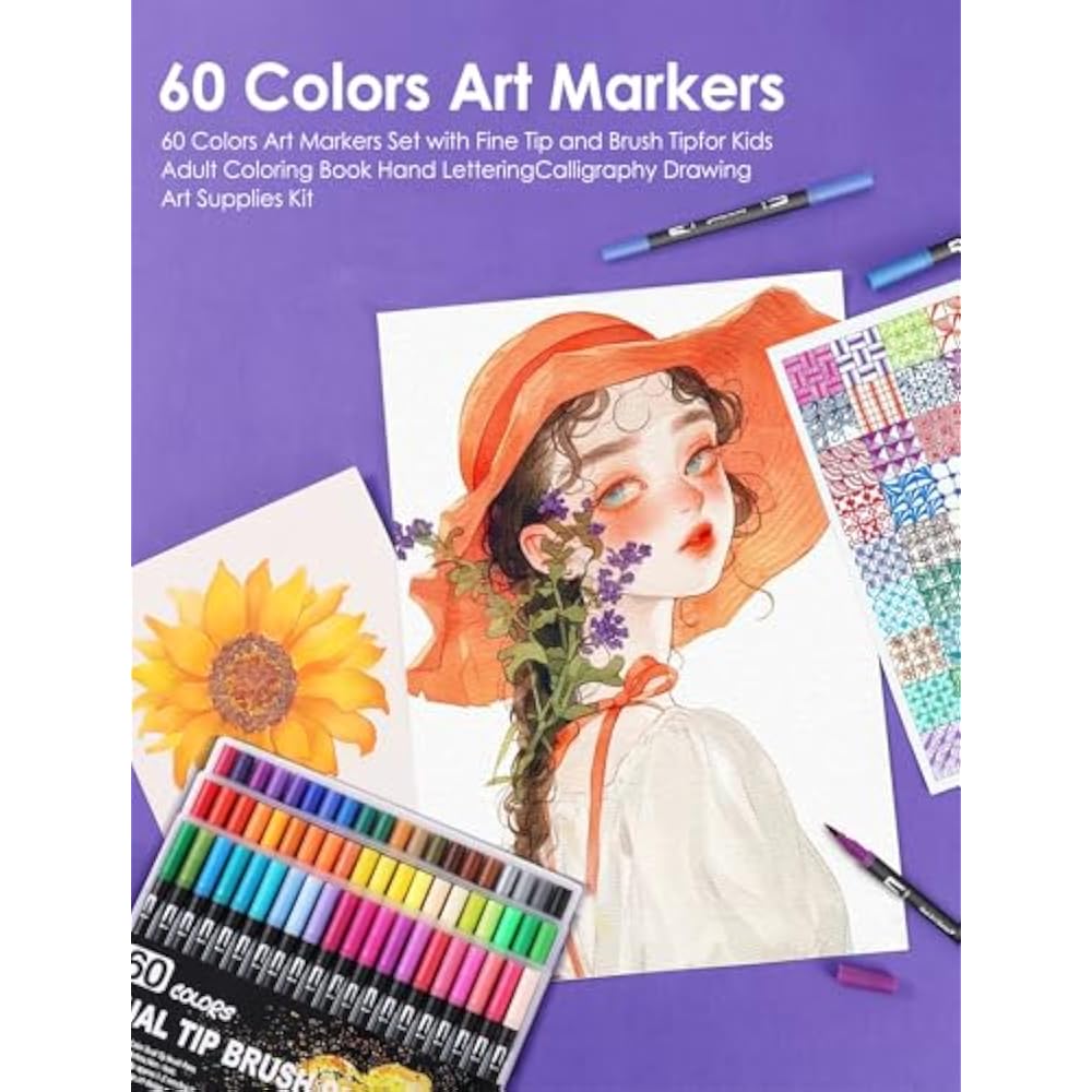 TOSHARE (TOSHARE) Art Marker Pen Dual Tip Coloring Marker Set with Brush & Fine Tip Adult Colorin...