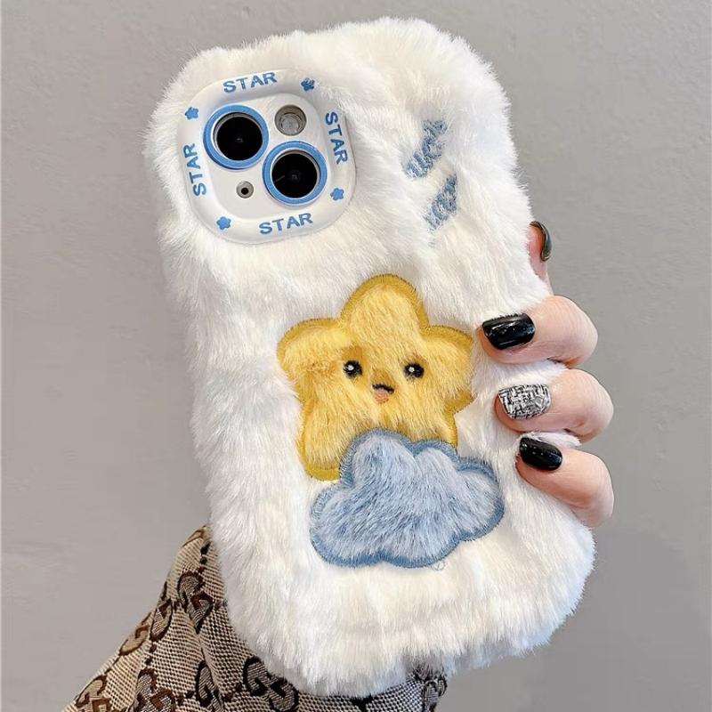Embroidery Plush Cute Stars and Clouds Case For iPhone 15 14 11 12 13 Pro Max Creative Ladies Shockproof Luxury Cover
