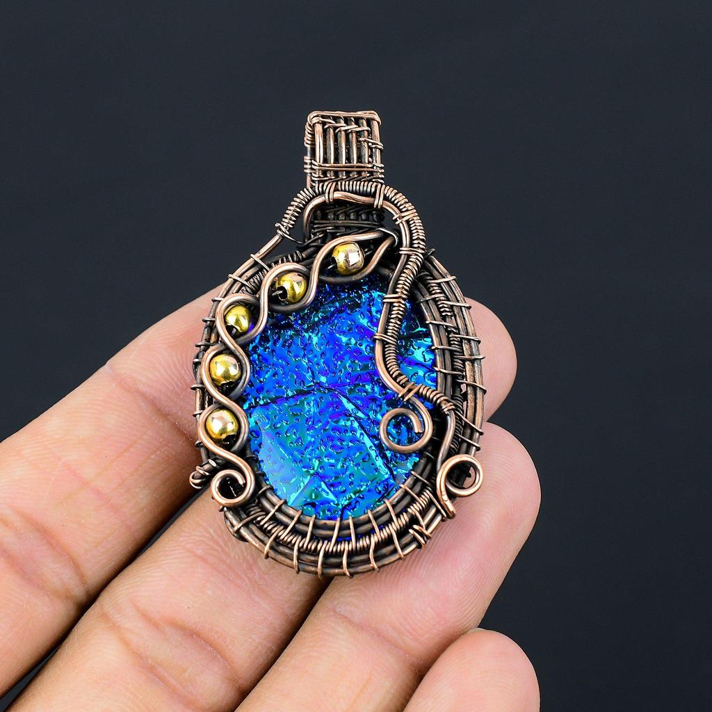 Красивый синий австралийский тройной опал, драгоценный камень, чистая медная проволока, обернутая ювелирными изделиями ручной работы