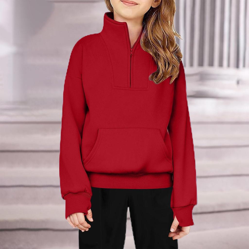 Children's Half-Zip Fleece Pullover Sweatshirt For Girls - Solid Color Hoodie
